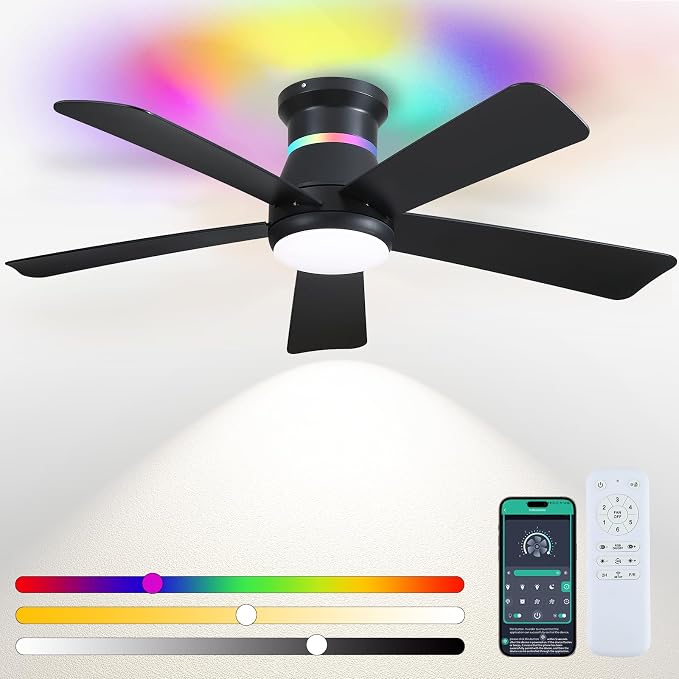 46" Black Ceiling Fans with RGB Lights - Flush Mount Ceiling Fan Light with LED 3CCT Dimmable, Modern Low Profile Ceiling