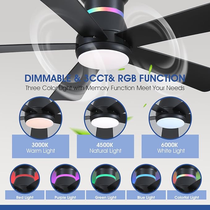 46" Black Ceiling Fans with RGB Lights - Flush Mount Ceiling Fan Light with LED 3CCT Dimmable, Modern Low Profile Ceiling