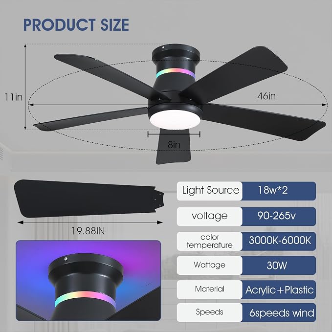46" Black Ceiling Fans with RGB Lights - Flush Mount Ceiling Fan Light with LED 3CCT Dimmable, Modern Low Profile Ceiling