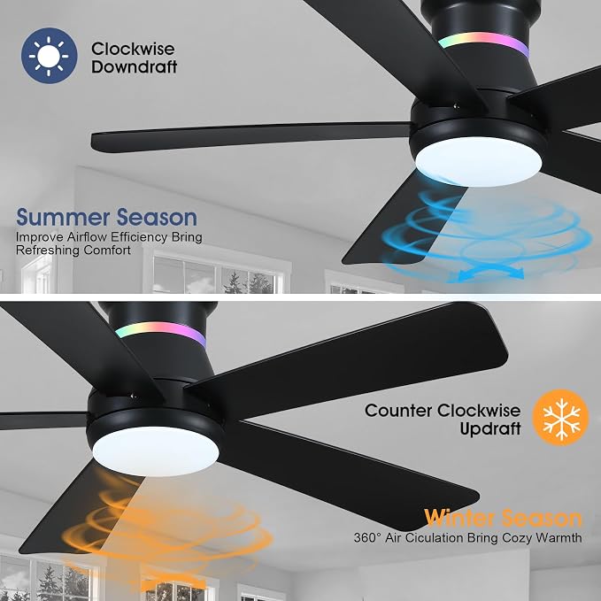 46" Black Ceiling Fans with RGB Lights - Flush Mount Ceiling Fan Light with LED 3CCT Dimmable, Modern Low Profile Ceiling