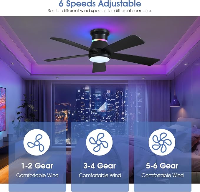46" Black Ceiling Fans with RGB Lights - Flush Mount Ceiling Fan Light with LED 3CCT Dimmable, Modern Low Profile Ceiling