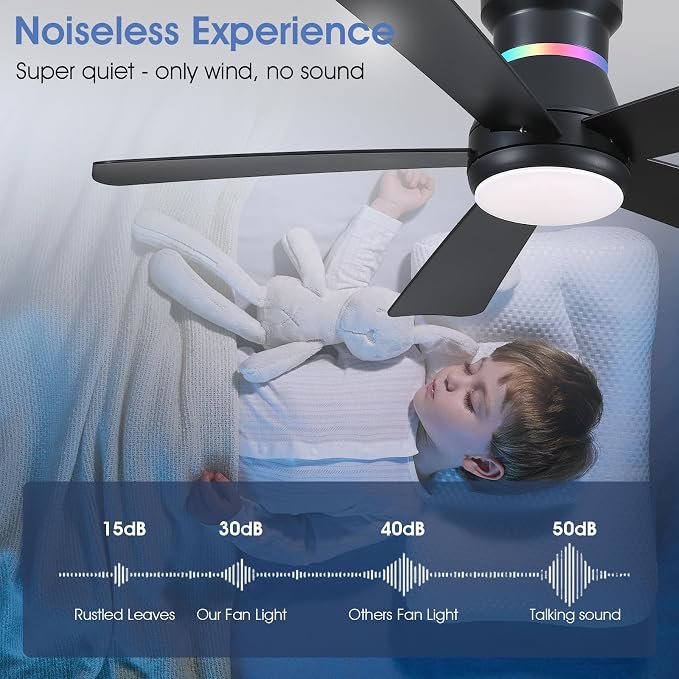 46" Black Ceiling Fans with RGB Lights - Flush Mount Ceiling Fan Light with LED 3CCT Dimmable, Modern Low Profile Ceiling