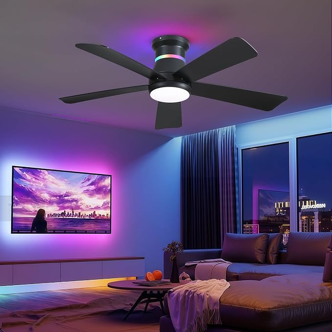46" Black Ceiling Fans with RGB Lights - Flush Mount Ceiling Fan Light with LED 3CCT Dimmable, Modern Low Profile Ceiling