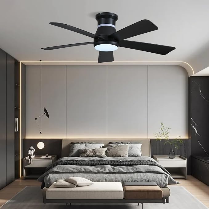 46" Black Ceiling Fans with RGB Lights - Flush Mount Ceiling Fan Light with LED 3CCT Dimmable, Modern Low Profile Ceiling