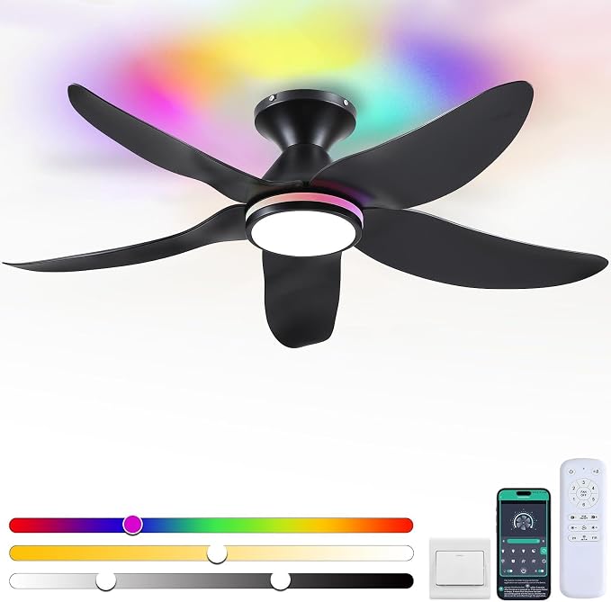 46" Ceiling Fans with Lights Remote/APP Control, Low Profile Ceiling Fans with Dimmable White Colors+Ring RGB Lights, 6