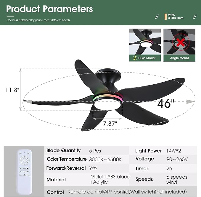 46" Ceiling Fans with Lights Remote/APP Control, Low Profile Ceiling Fans with Dimmable White Colors+Ring RGB Lights, 6