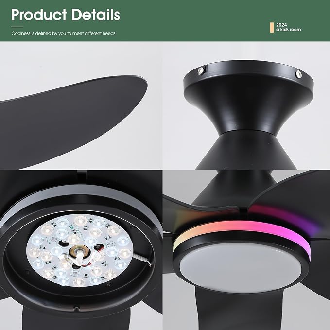 46" Ceiling Fans with Lights Remote/APP Control, Low Profile Ceiling Fans with Dimmable White Colors+Ring RGB Lights, 6