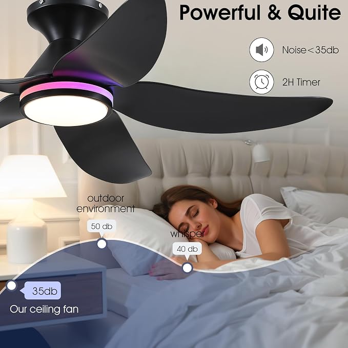 46" Ceiling Fans with Lights Remote/APP Control, Low Profile Ceiling Fans with Dimmable White Colors+Ring RGB Lights, 6