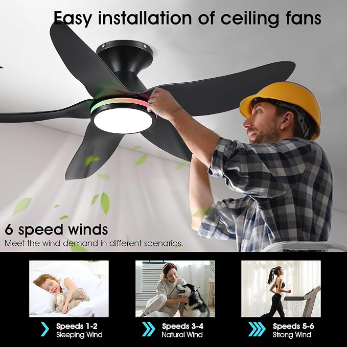 46" Ceiling Fans with Lights Remote/APP Control, Low Profile Ceiling Fans with Dimmable White Colors+Ring RGB Lights, 6