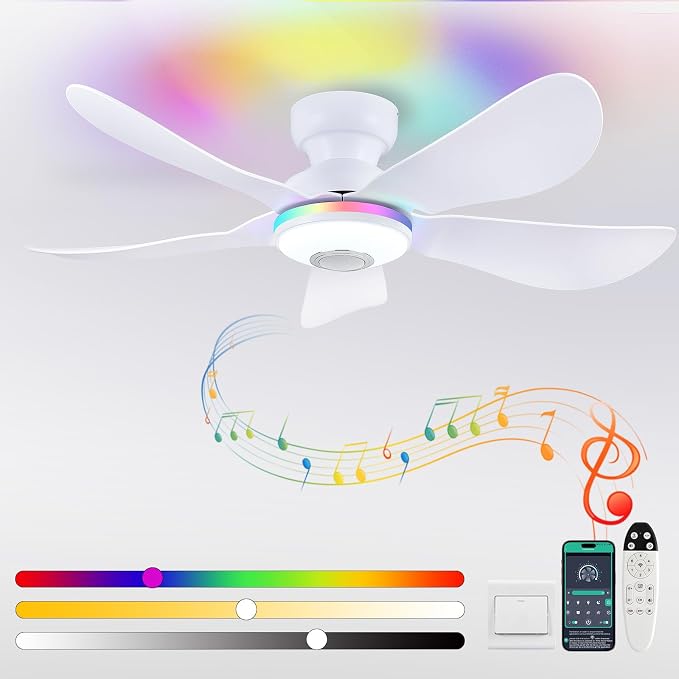46" Ceiling Fans with RGB Lights Remote/APP Control, Flush Mount, 3 CCT Dimmable White Lights+RGB Ring Lights+Music Player, 5