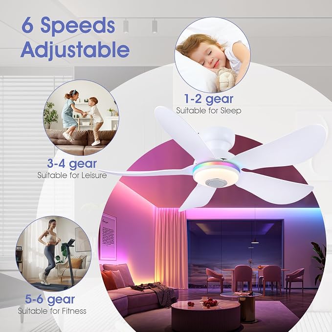 46" Ceiling Fans with RGB Lights Remote/APP Control, Flush Mount, 3 CCT Dimmable White Lights+RGB Ring Lights+Music Player, 5