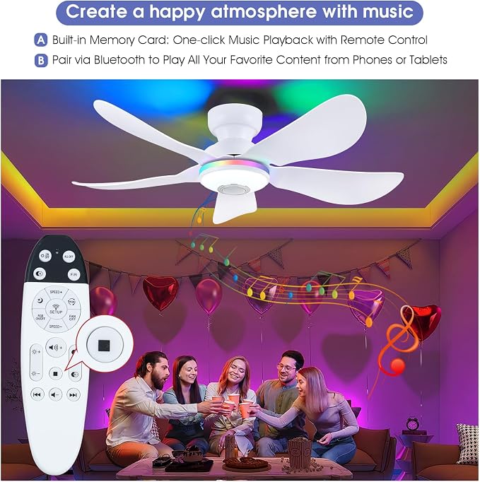 46" Ceiling Fans with RGB Lights Remote/APP Control, Flush Mount, 3 CCT Dimmable White Lights+RGB Ring Lights+Music Player, 5