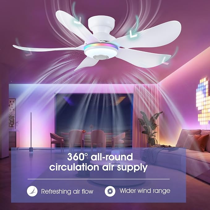 46" Ceiling Fans with RGB Lights Remote/APP Control, Flush Mount, 3 CCT Dimmable White Lights+RGB Ring Lights+Music Player, 5