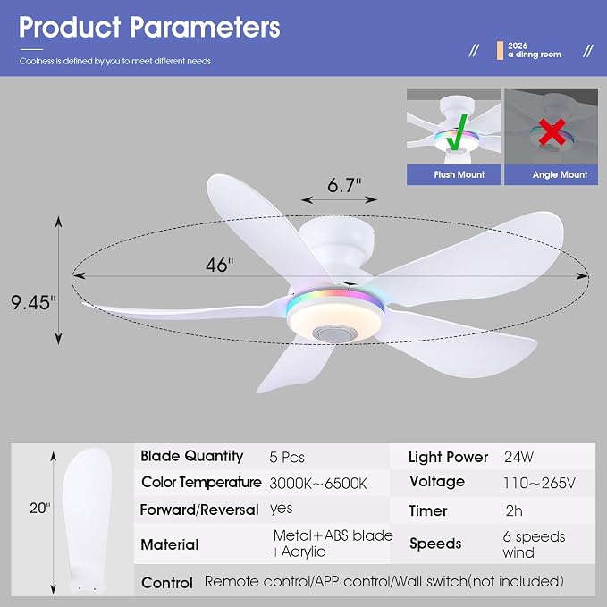 46" Ceiling Fans with RGB Lights Remote/APP Control, Flush Mount, 3 CCT Dimmable White Lights+RGB Ring Lights+Music Player, 5
