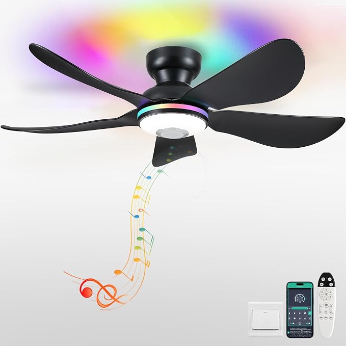46" Ceiling Fans with RGB Lights Remote/APP Control, Low Profile, 3 CCT Dimmable White Lights+RGB Ring Lights+Music Player, 5