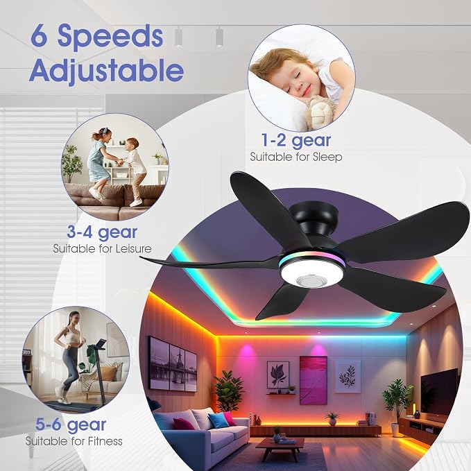 46" Ceiling Fans with RGB Lights Remote/APP Control, Low Profile, 3 CCT Dimmable White Lights+RGB Ring Lights+Music Player, 5