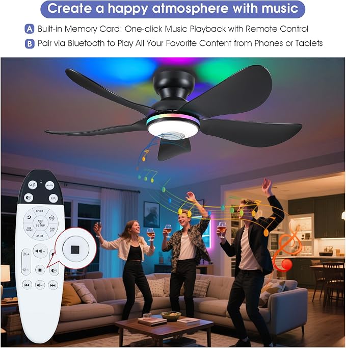 46" Ceiling Fans with RGB Lights Remote/APP Control, Low Profile, 3 CCT Dimmable White Lights+RGB Ring Lights+Music Player, 5