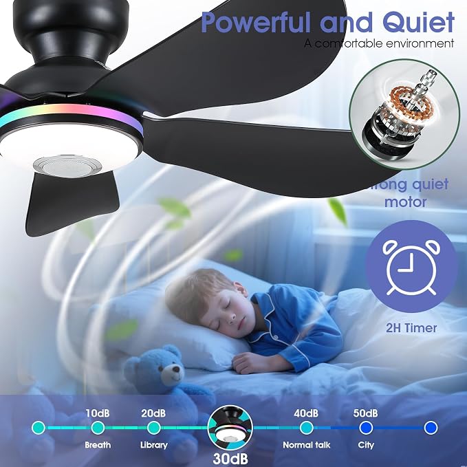 46" Ceiling Fans with RGB Lights Remote/APP Control, Low Profile, 3 CCT Dimmable White Lights+RGB Ring Lights+Music Player, 5