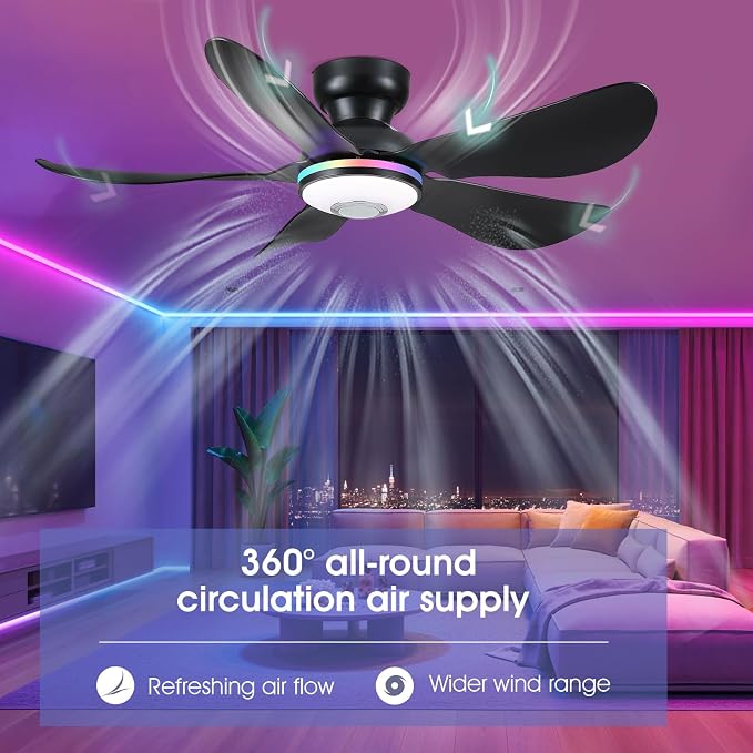 46" Ceiling Fans with RGB Lights Remote/APP Control, Low Profile, 3 CCT Dimmable White Lights+RGB Ring Lights+Music Player, 5