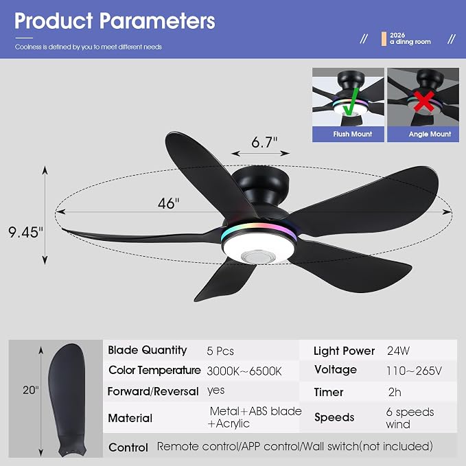 46" Ceiling Fans with RGB Lights Remote/APP Control, Low Profile, 3 CCT Dimmable White Lights+RGB Ring Lights+Music Player, 5