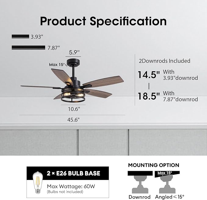 46 Inch Ceiling Fans with Lights and Remote & APP Control, Farmhouse Ceiling Fan with LED Lighting for Bedroom Living Room