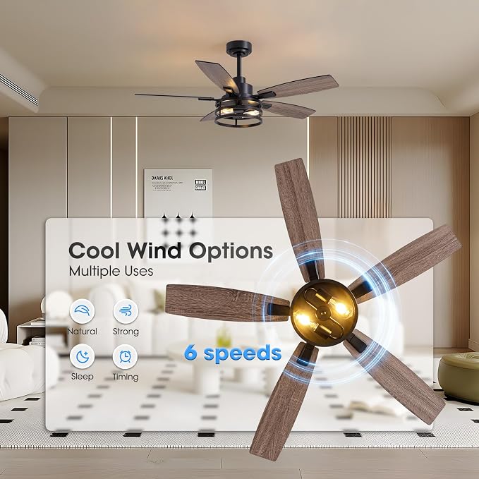 46 Inch Ceiling Fans with Lights and Remote & APP Control, Farmhouse Ceiling Fan with LED Lighting for Bedroom Living Room