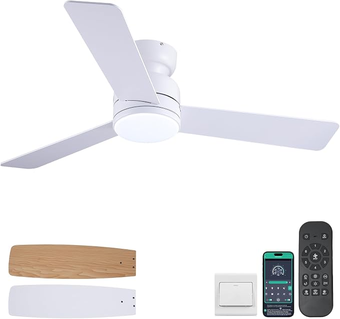 46 inch Ceiling Fans with Lights and Remote/APP Control, Low Profile Ceiling Fan with Light, Flush Mount, 3CCT, 3 Reversible