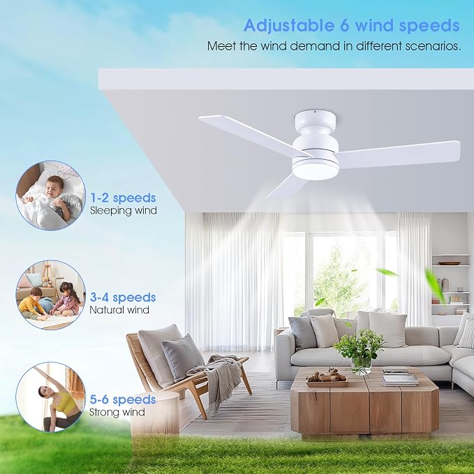 46 inch Ceiling Fans with Lights and Remote/APP Control, Low Profile Ceiling Fan with Light, Flush Mount, 3CCT, 3 Reversible