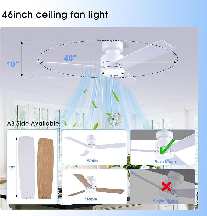 46 inch Ceiling Fans with Lights and Remote/APP Control, Low Profile Ceiling Fan with Light, Flush Mount, 3CCT, 3 Reversible