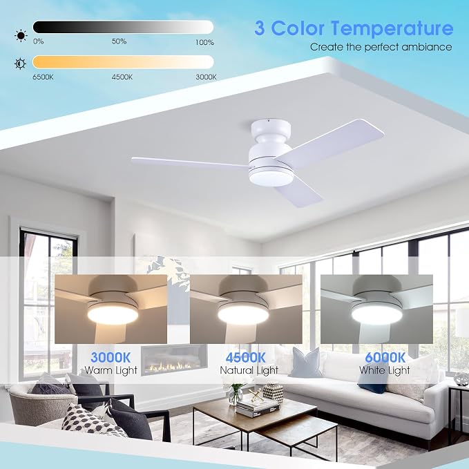 46 inch Ceiling Fans with Lights and Remote/APP Control, Low Profile Ceiling Fan with Light, Flush Mount, 3CCT, 3 Reversible