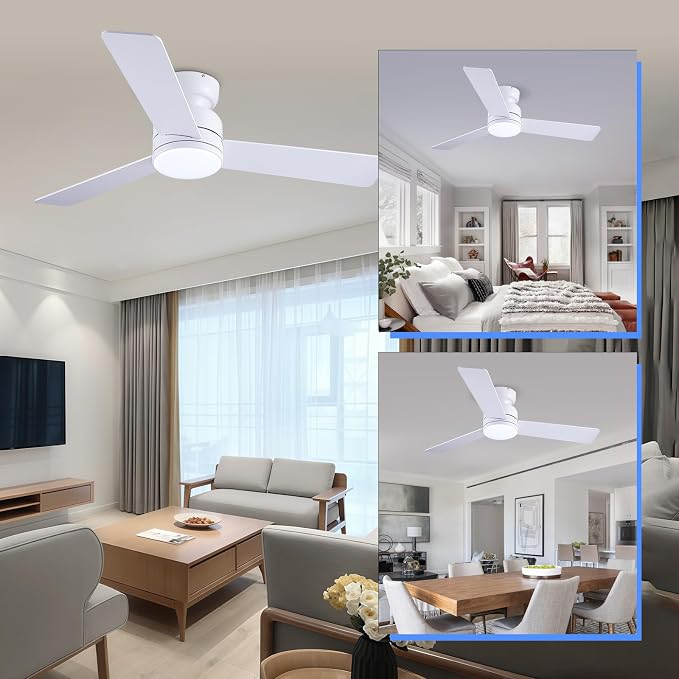 46 inch Ceiling Fans with Lights and Remote/APP Control, Low Profile Ceiling Fan with Light, Flush Mount, 3CCT, 3 Reversible