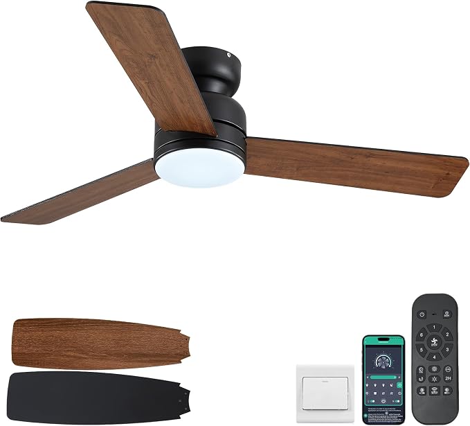 46 Inch Ceiling Fans with Lights and Remote/APP Control, Low Profile Ceiling Fan with Lamp, Flush Mount, 3CCT, 3 Reversible
