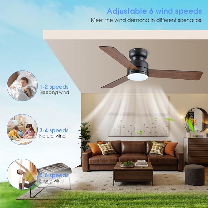 46 Inch Ceiling Fans with Lights and Remote/APP Control, Low Profile Ceiling Fan with Lamp, Flush Mount, 3CCT, 3 Reversible