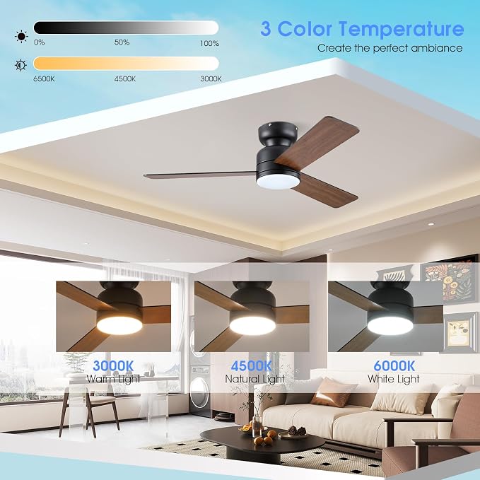 46 Inch Ceiling Fans with Lights and Remote/APP Control, Low Profile Ceiling Fan with Lamp, Flush Mount, 3CCT, 3 Reversible