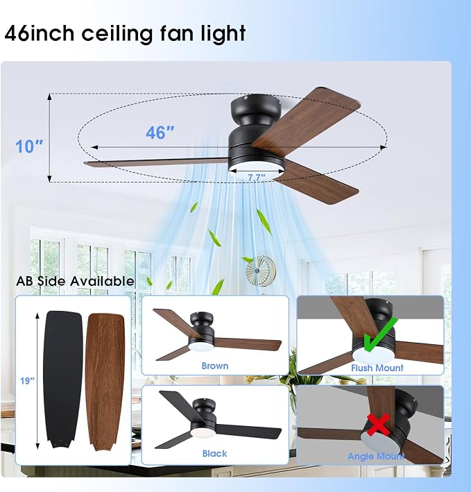 46 Inch Ceiling Fans with Lights and Remote/APP Control, Low Profile Ceiling Fan with Lamp, Flush Mount, 3CCT, 3 Reversible