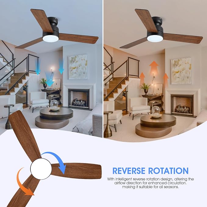 46 Inch Ceiling Fans with Lights and Remote/APP Control, Low Profile Ceiling Fan with Lamp, Flush Mount, 3CCT, 3 Reversible