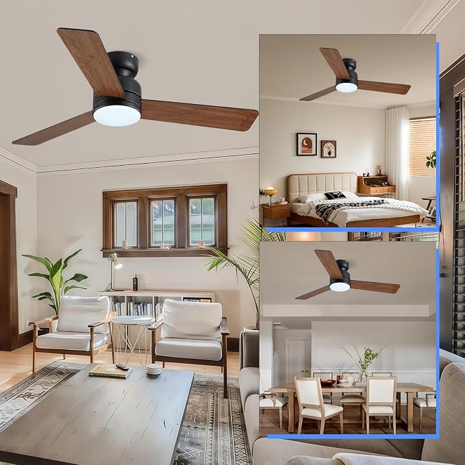 46 Inch Ceiling Fans with Lights and Remote/APP Control, Low Profile Ceiling Fan with Lamp, Flush Mount, 3CCT, 3 Reversible
