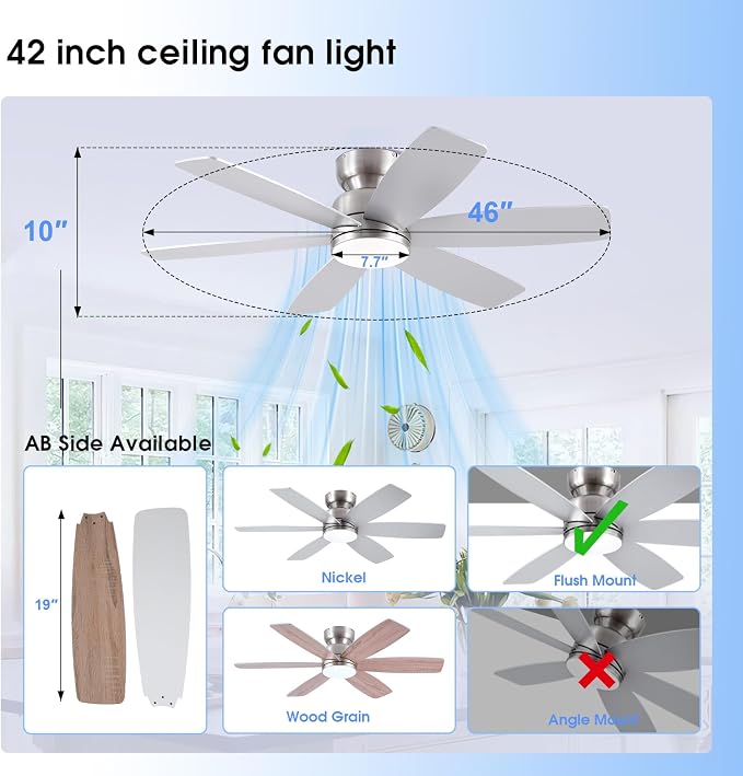 46 inch Ceiling Fans with Lights and Remote/APP Control, Low Profile Ceiling Fan with Light, Flush Mount, 3CCT, alternate