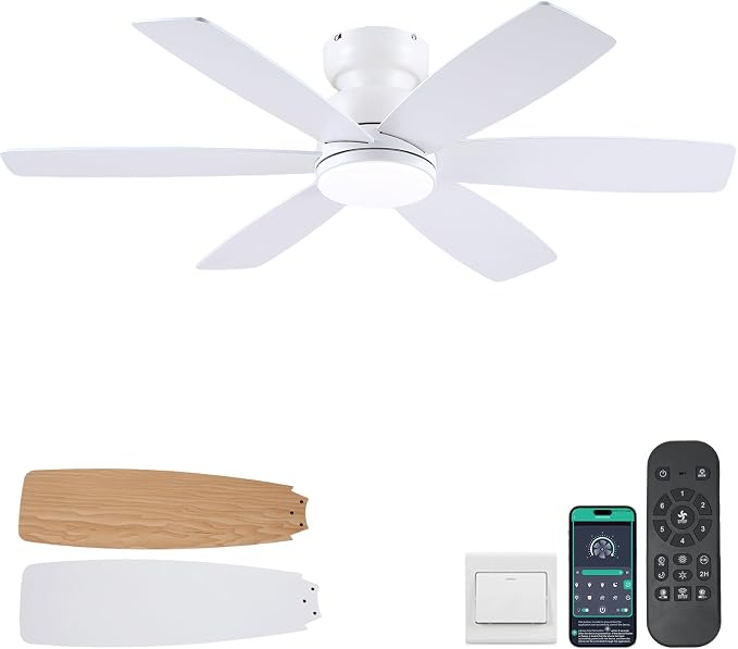 46 inch Ceiling Fans with Lights and Remote/APP Control, Low Profile Ceiling Fan with Light, Flush Mount, 3CCT