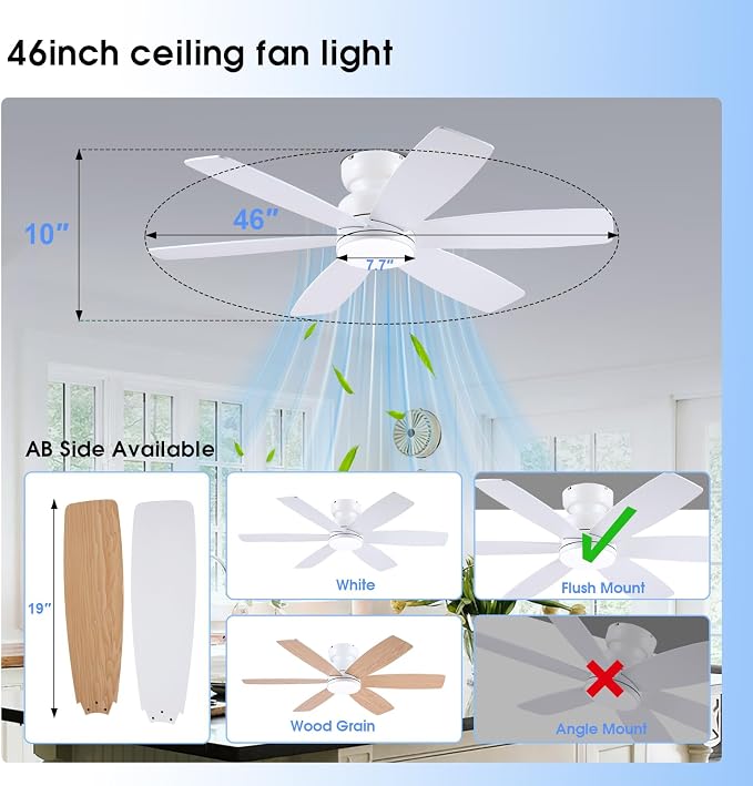 46 inch Ceiling Fans with Lights and Remote/APP Control, Low Profile Ceiling Fan with Light, Flush Mount, 3CCT, alternate