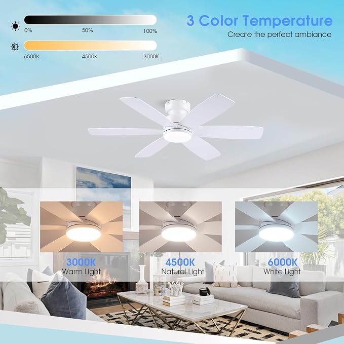 46 inch Ceiling Fans with Lights and Remote/APP Control, Low Profile Ceiling Fan with Light, Flush Mount, 3CCT, alternate