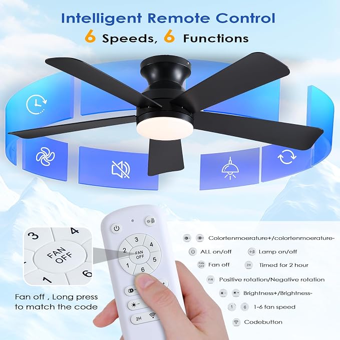 46 inch Ceiling Fans with Lights, Black Flush Mount Ceiling Fan with Remote, 3CCT, LED Dimmable, Reversible, 6 Fan Speeds