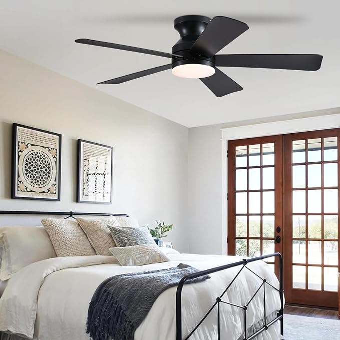 46 inch Ceiling Fans with Lights, Black Flush Mount Ceiling Fan with Remote, 3CCT, LED Dimmable, Reversible, 6 Fan Speeds