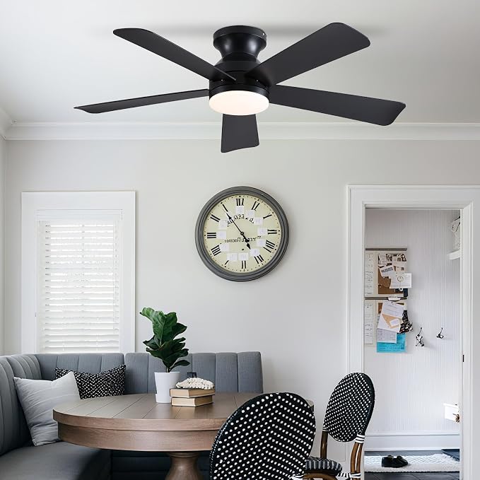 46 inch Ceiling Fans with Lights, Black Flush Mount Ceiling Fan with Remote, 3CCT, LED Dimmable, Reversible, 6 Fan Speeds