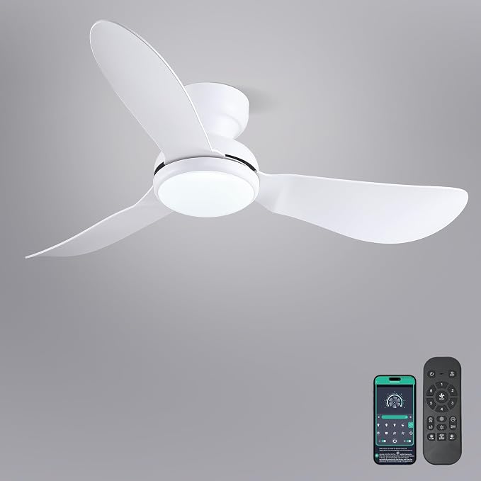 46 Inch Ceiling Fans with Lights, Flush Mount Ceiling Fan with Remote/APP Control, 3 Curved Blades, Reversible, 6 Speeds, 3