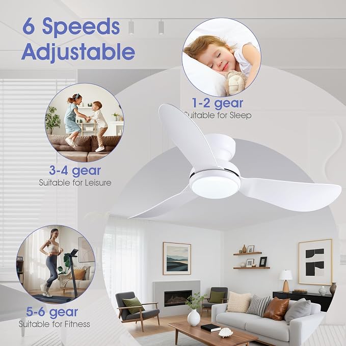 46 Inch Ceiling Fans with Lights, Flush Mount Ceiling Fan with Remote/APP Control, 3 Curved Blades, Reversible, 6 Speeds, 3