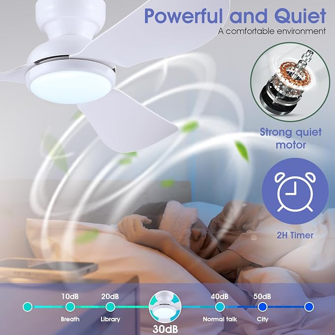46 Inch Ceiling Fans with Lights, Flush Mount Ceiling Fan with Remote/APP Control, 3 Curved Blades, Reversible, 6 Speeds, 3