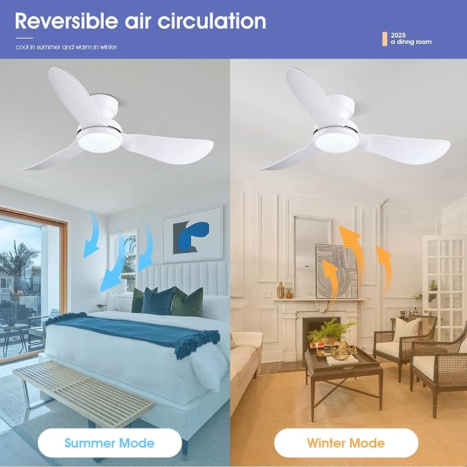 46 Inch Ceiling Fans with Lights, Flush Mount Ceiling Fan with Remote/APP Control, 3 Curved Blades, Reversible, 6 Speeds, 3