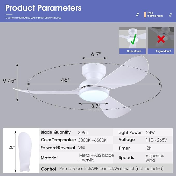 46 Inch Ceiling Fans with Lights, Flush Mount Ceiling Fan with Remote/APP Control, 3 Curved Blades, Reversible, 6 Speeds, 3