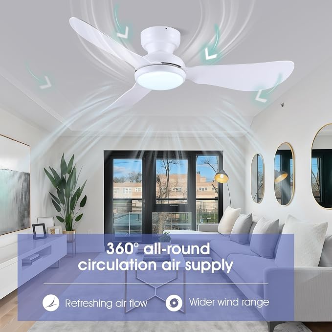 46 Inch Ceiling Fans with Lights, Flush Mount Ceiling Fan with Remote/APP Control, 3 Curved Blades, Reversible, 6 Speeds, 3